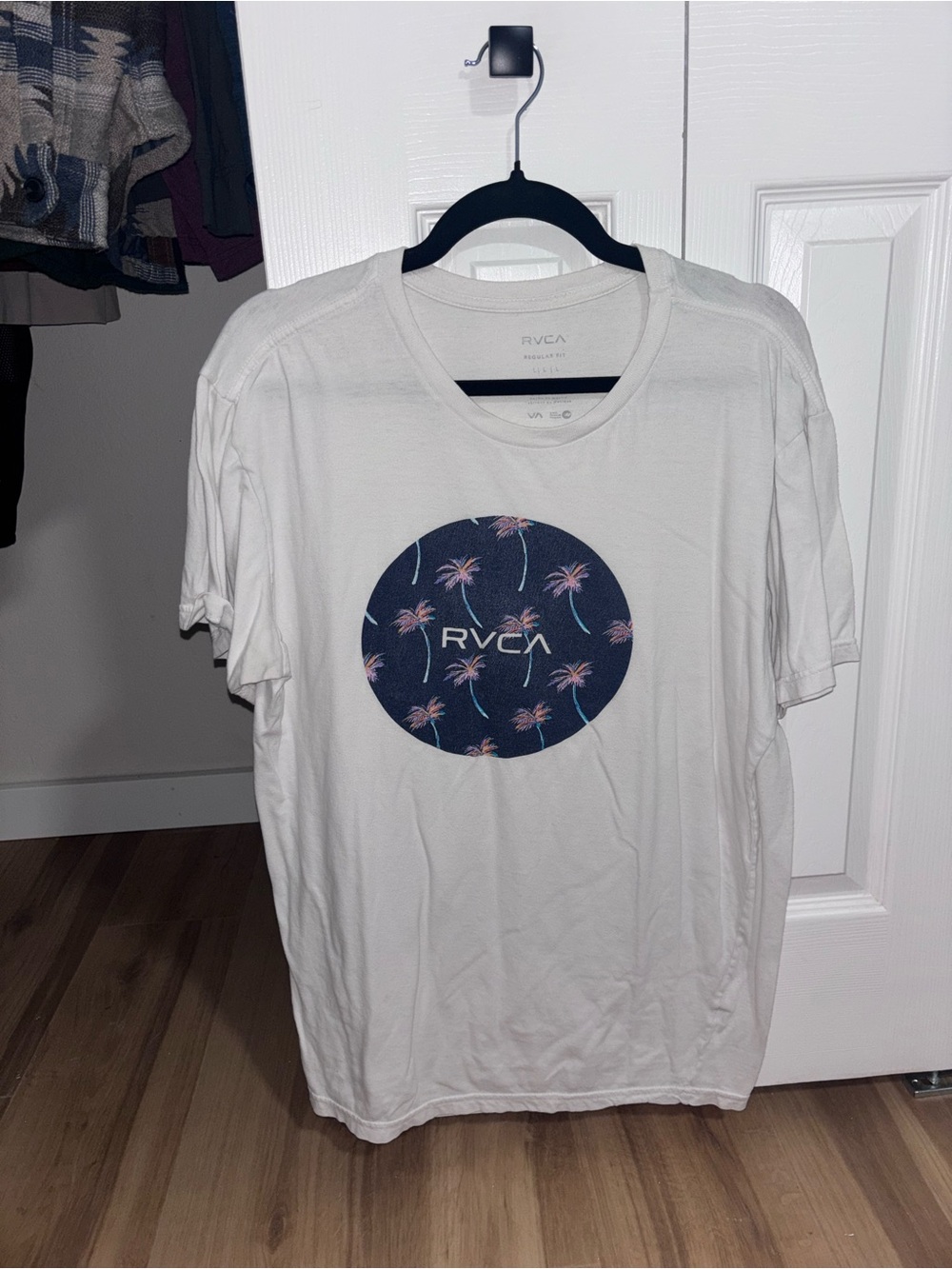 RVCA White Short Sleeve Tee with Navy Palm Circle and Pink Accents